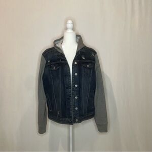 Express Women's Denim and Gray Hooded Jacket Size Extra Large